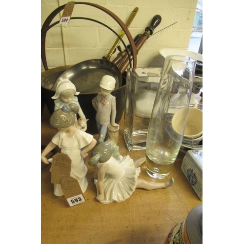 593 - TWO GLASS VASES AND FOUR NAO FIGURES