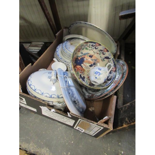 624 - BOX OF BLUE AND WHITE DINNERWARE ETC