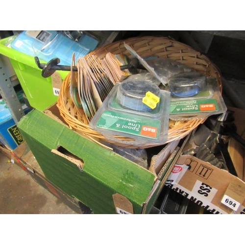 695 - BASKET OF HARDWARE ITEMS AND 14 INCH TV BRACKET