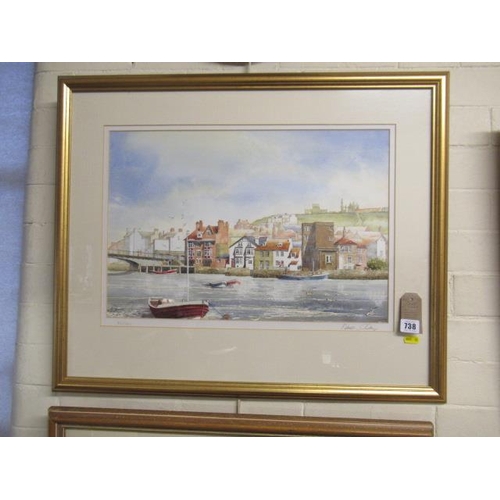 738 - FRAMED WATERCOLOUR WHITBY BY ROBERT CLAY WITH FOUR CHRISTMAS CARDS FROM THE ARTIST ON THE REVERSE