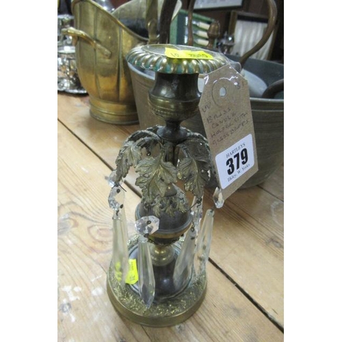 379 - BRASS CANDLE HOLDER WITH GLASS DROPS