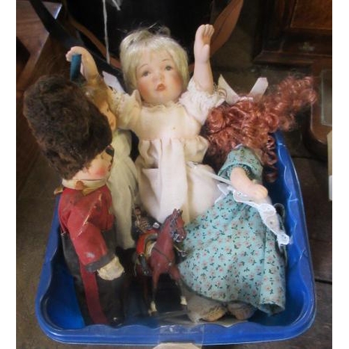 11 - FOUR VINTAGE DOLLS AND SOLDIER ON HORSE BACK