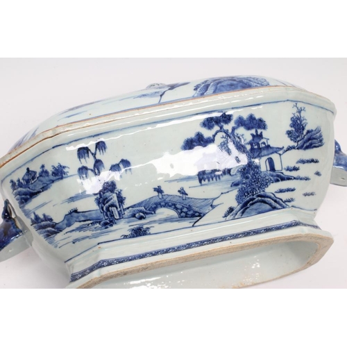 11 - TWO CHINESE EXPORT PORCELAIN TUREENS AND COVERS of canted oblong form, painted in underglaze blue wi... 