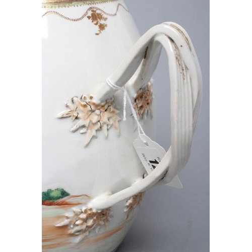 12 - A CHINESE ARMORIAL PORCELAIN LARGE BARREL JUG, the entwined reeded handle with leaf terminals, centr... 