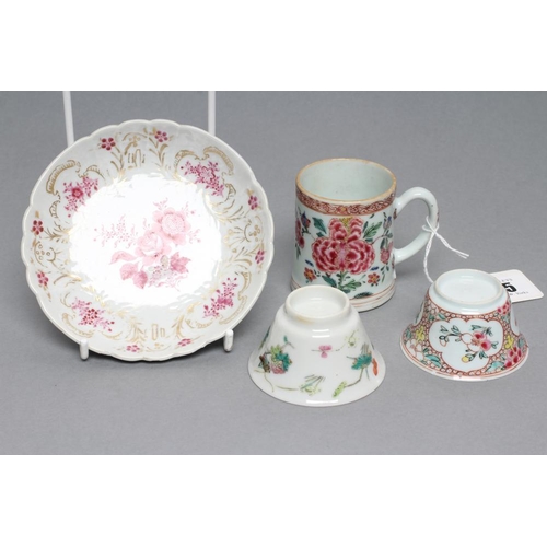 15 - A COLLECTION OF CHINESE PORCELAIN comprising a small mug painted in famille rose enamels with peony ... 