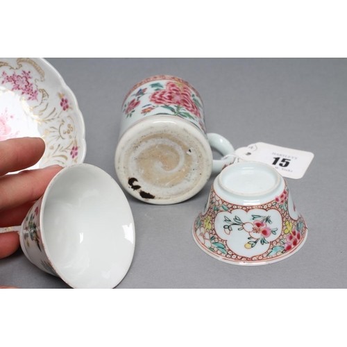 15 - A COLLECTION OF CHINESE PORCELAIN comprising a small mug painted in famille rose enamels with peony ... 