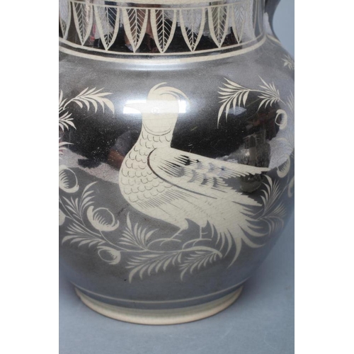 27 - A DOCUMENTARY DRABWARE JUG, 1813, of baluster form, painted in silver lustre with a heart panel insc... 