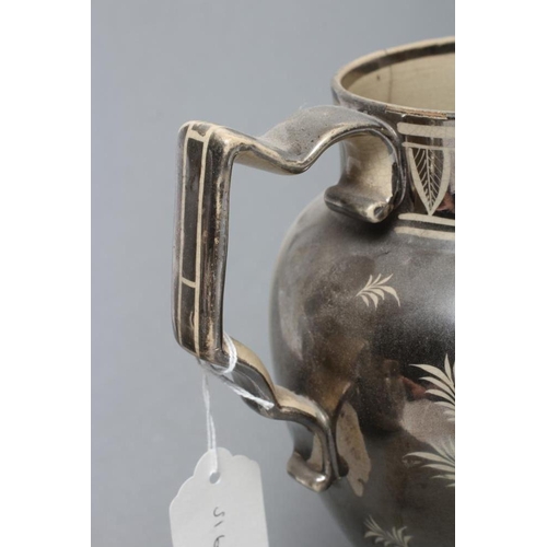 27 - A DOCUMENTARY DRABWARE JUG, 1813, of baluster form, painted in silver lustre with a heart panel insc... 