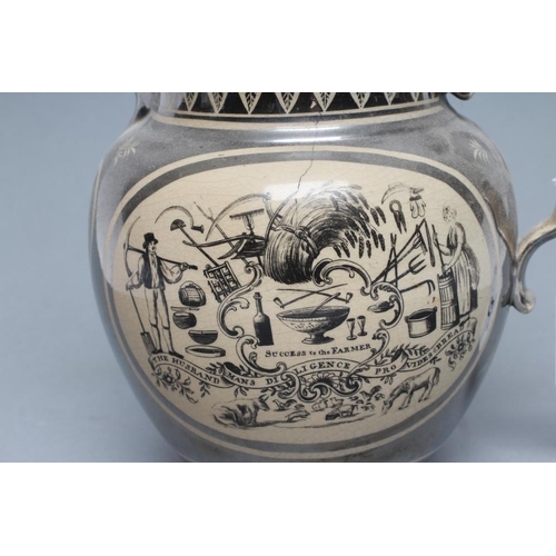 27 - A DOCUMENTARY DRABWARE JUG, 1813, of baluster form, painted in silver lustre with a heart panel insc... 