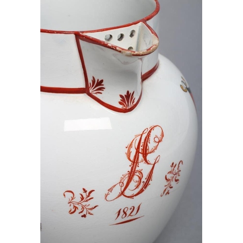 28 - A DOCUMENTARY PEARLWARE JUG, 1821, of baluster form, painted in ochre, burnt orange and black with t... 