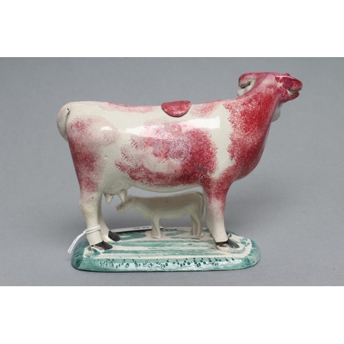 30 - A STAFFORDSHIRE POTTERY COW CREAMER, c.1830, modelled with a calf, with pink sponged markings, stand... 