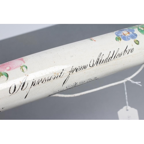 31 - A NORTH EAST POTTERY ROLLING PIN, Middlesbrough c.1830, inscribed 