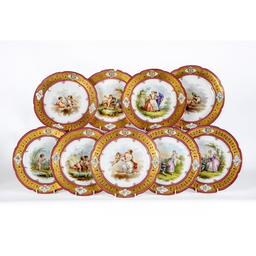 37 - A SET OF NINE FRENCH PORCELAIN CABINET PLATES, late 19th century, of lobed circular form, centrally ... 