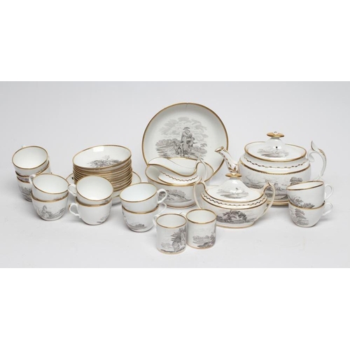 43 - A SPODE PORCELAIN PART TEA AND COFFEE SERVICE, c.1800, bat printed with pattern No.1922, with figure... 