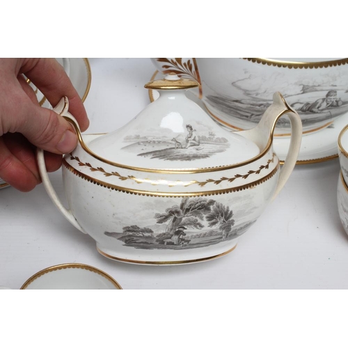 43 - A SPODE PORCELAIN PART TEA AND COFFEE SERVICE, c.1800, bat printed with pattern No.1922, with figure... 