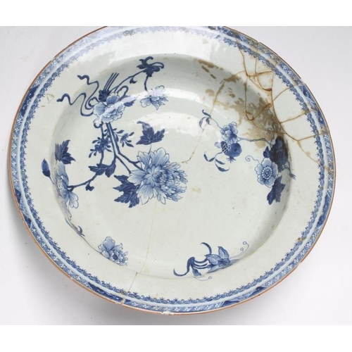 7 - A CHINESE PORCELAIN BASIN of plain circular form, painted in underglaze blue with flowers, unmarked,... 