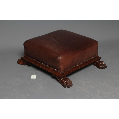 671 - A REGENCY ROSEWOOD FOOTSTOOL, early 19th century, of oblong form, upholstered in brown leather, moul... 