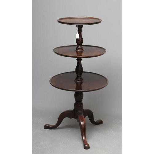 673 - A GEORGIAN MAHOGANY DUMB WAITER, late 18th century, comprising three dished moulded trays on ring an... 