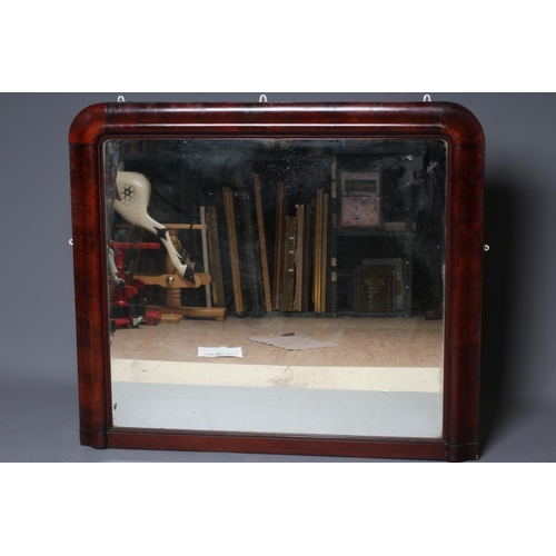 675 - A VICTORIAN MAHOGANY OVERMANTEL MIRROR, the oblong plate within a wide cushion surround, on moulded ... 