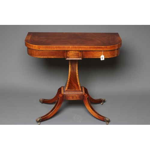 676 - A REGENCY STYLE FOLDING CARD TABLE, modern, of D form with rosewood banding and stringing, the swive... 