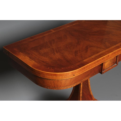 676 - A REGENCY STYLE FOLDING CARD TABLE, modern, of D form with rosewood banding and stringing, the swive... 