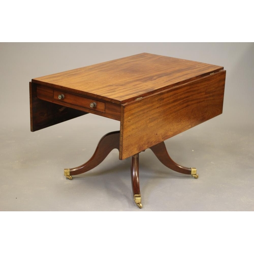 681 - A WILLIAM IV MAHOGANY PEMBROKE TABLE, the oblong top on frieze with drawer at either end, turned bra... 