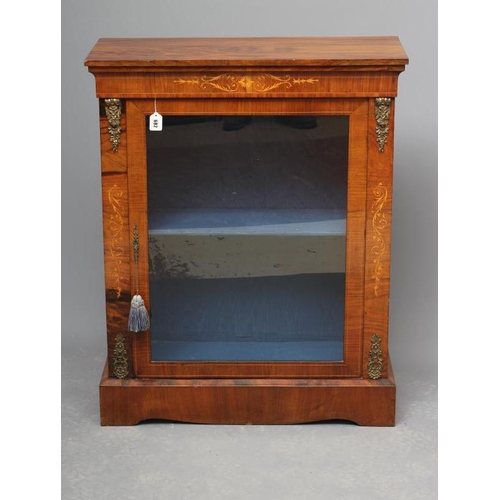 682 - A VICTORIAN WALNUT PIER DISPLAY CABINET with marquetry floral strapwork, stringing and gilt metal mo... 