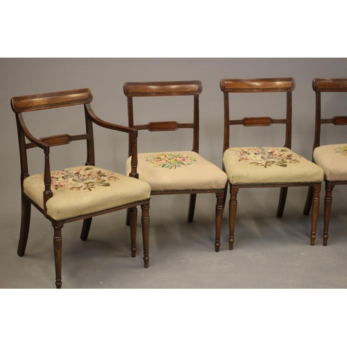 683 - A SET OF EIGHT GEORGIAN MAHOGANY DINING CHAIRS, c.1800, of Sheraton type, and including two elbow ch... 