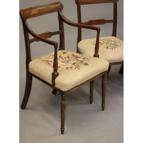 683 - A SET OF EIGHT GEORGIAN MAHOGANY DINING CHAIRS, c.1800, of Sheraton type, and including two elbow ch... 