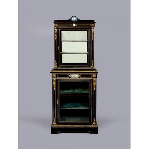 684 - A VICTORIAN EBONISED AND BRASS INLAID PIER DISPLAY CABINET with gilt metal mounts and inset blue por... 