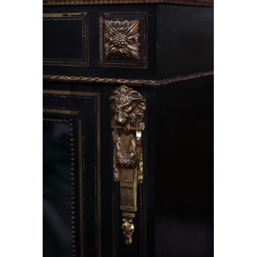 684 - A VICTORIAN EBONISED AND BRASS INLAID PIER DISPLAY CABINET with gilt metal mounts and inset blue por... 