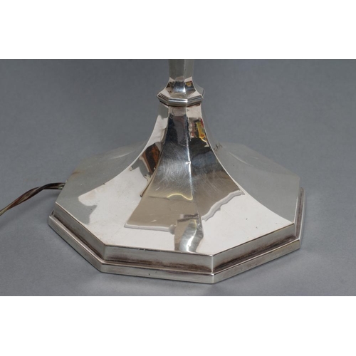 120 - A SILVER ELECTRIC TABLE LAMP BASE, maker Blankensee & Son Ltd., Birmingham 1928, of swept octagonal ... 