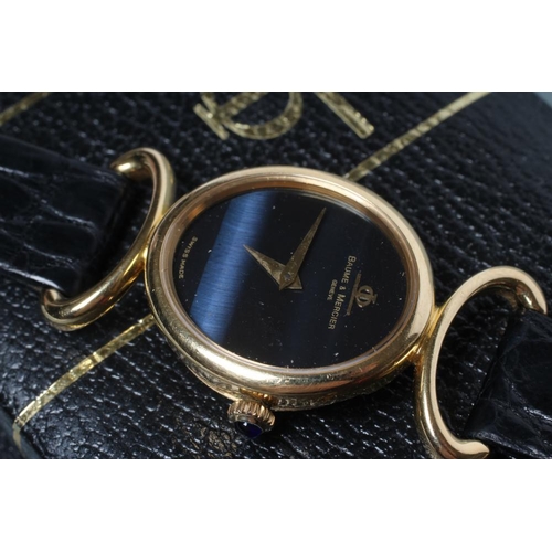 172 - A LADY'S 18CT GOLD BAUME & MERCIER WRISTWATCH with blue ombre dial, the seventeen jewel unadjusted m... 