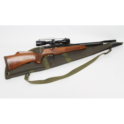 367 - A FALCON FN19 PCP .22 AIR RIFLE, with supressor, wood stock and nikkon scope, 44 1/2