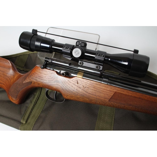 367 - A FALCON FN19 PCP .22 AIR RIFLE, with supressor, wood stock and nikkon scope, 44 1/2