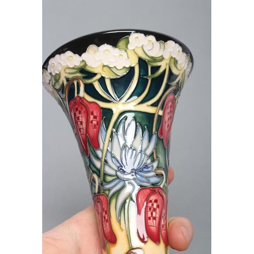 67A - A MOORCROFT POTTERY 'DEBDEN' PATTERN TRUMPET VASE, 2010, tubelined and painted with fritillary, desi... 