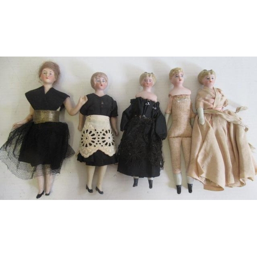 180 - Five bisque miniature dolls, comprising four shoulder head dolls and one bisque to the waist. Four w... 