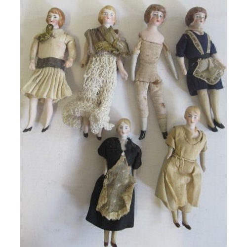 182 - Six bisque shoulder head miniature dolls, all with moulded hair, bisque lower limbs and fabric bodie... 