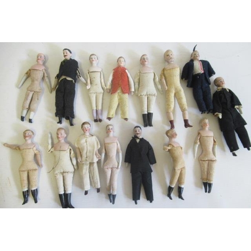 183 - Fifteen bisque shoulder head miniature male dolls, all with moulded and painted features, bisque low... 