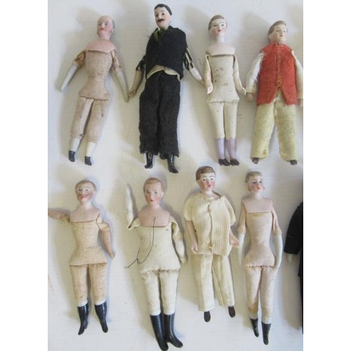 183 - Fifteen bisque shoulder head miniature male dolls, all with moulded and painted features, bisque low... 