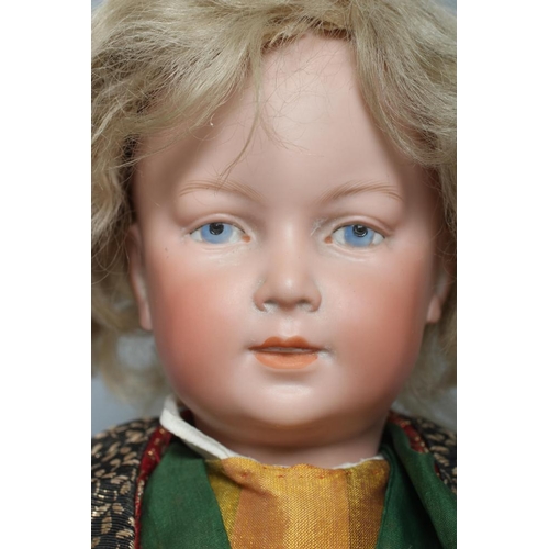 204 - An early Armand Marseille bisque socket head doll, with painted eyes, moulded partial open mouth wit... 