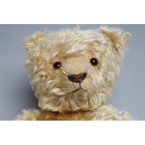 216 - A pre-war German long haired jointed teddy bear, with orange plush, amber glass eyes, sewn nose, fel... 