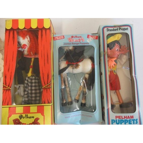 343 - Pelham Puppets Horse, Clown and Pinocchio, boxed, G-E (Est. plus 21% premium inc. VAT)