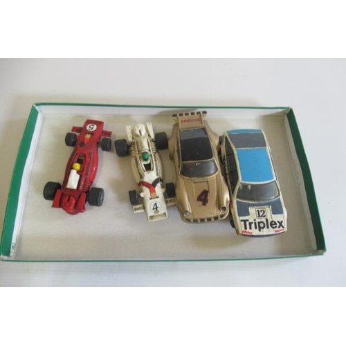 344 - Four playworn Scalextric cars including Rover 3000 and Porsche, P (Est. plus 21% premium inc. VAT)