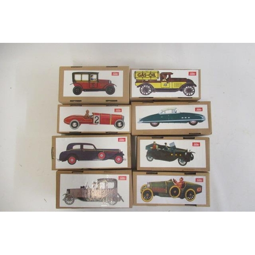 430 - Joyo tinplate motor cars fitted with clockwork motors, all items boxed, G-E (8) (Est. plus 21% premi... 