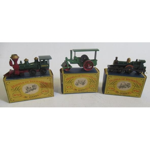 549 - Matchbox Yesteryear Y11 Aveling and Porter, Y13 Santa Fe and Y14 GWR locomotive, boxes F, models E-M... 