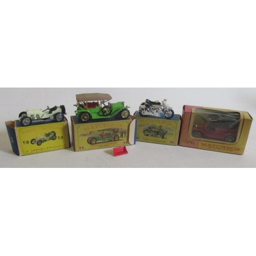 553 - Matchbox Yesteryear Y1 Model T, Y8 Sunbeam, Y9 Simplex and Y10 Mercedes, boxes F, models G-E (Est. p... 