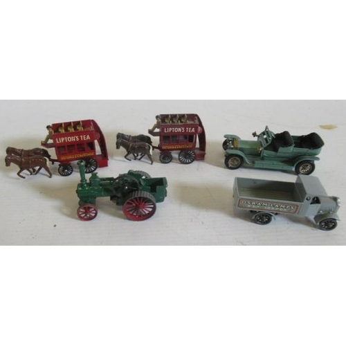 554 - Five unboxed Yesteryear vehicles, two horse drawn buses, Rolls Royce, AEC Lorry and traction engine,... 