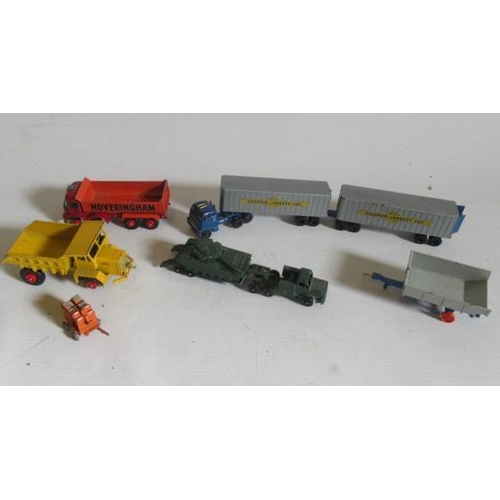 556 - Playworn Matchbox vehicles including tank transporter and Cooper Jarrett lorry, F (Est. plus 21% pre... 