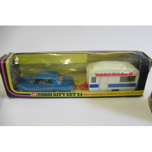 559 - Three boxed Corgi cars, comprising Gift Set 24 Mercedes Benz 240D and Touring Caravan, 315 Lotus Eli... 